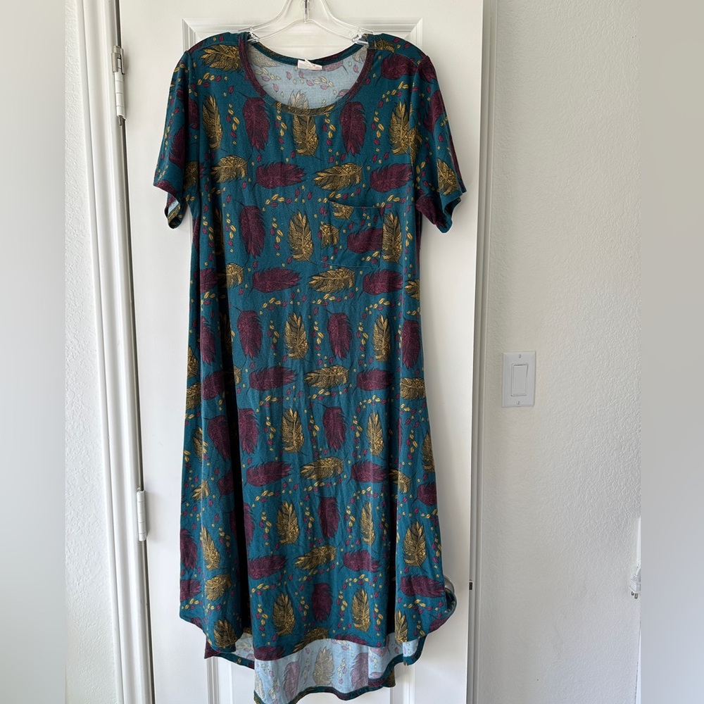 LuLaRoe Womens Carly Dress Blue Orange Leaf Print A-Line Midi Boho Chic